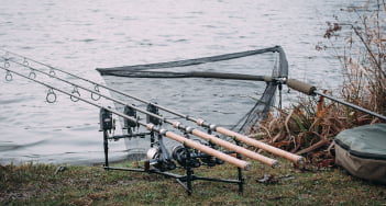 Rods and net set up on edge of lake